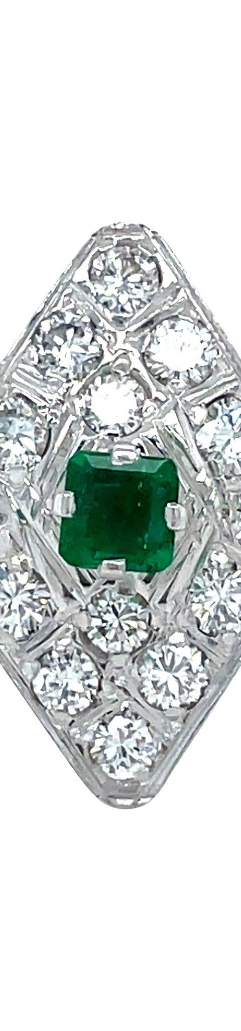 Vintage 18K White Gold Cocktail Ring with Emerald and Diamond